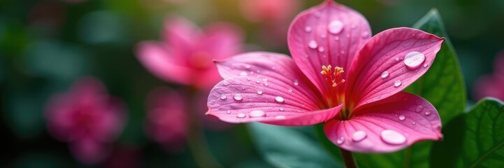 Fototapeta premium Water drops on pink petals of Nyctaginaceae plant,, plant life