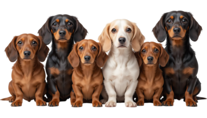 A group of dachshund puppies sitting in a row against a plain black studio background looking at the viewer