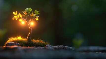 Tiny tree illuminated by warm lights, nestled on rocks and moss.  Gentle glow in a dark natural setting
