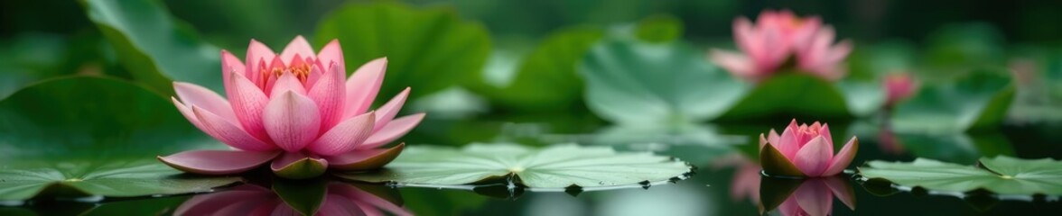 Fototapeta premium Water lily stem with lotus flowers in pond water, lotus flowers, greenery