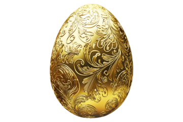Elegant golden Easter egg with detailed floral engravings isolated on white transparent background. Symbol of luxury, wealth, and Easter celebrations