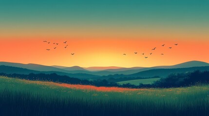 Serene Sunset Over Rolling Hills With Birds in the Sky