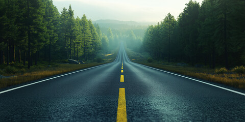 An empty road straight single lane asphalt road stretching into the distance with mountains in the background. Holiday adventure. Ai generated.