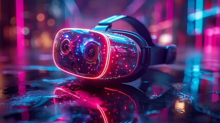 Futuristic virtual reality headset resting on a reflective surface, illuminated by neon lights in a vibrant urban setting