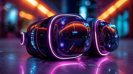 Futuristic virtual reality headsets glowing in neon lights, set in a modern urban environment at night