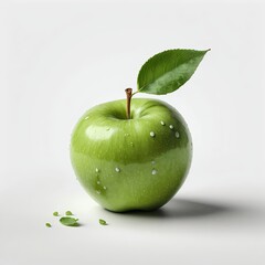 Fresh Green Apple with Water Droplets and Leaf