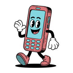A cartoonish phone is walking and waving. The phone is pink and blue. Scene is lighthearted and fun