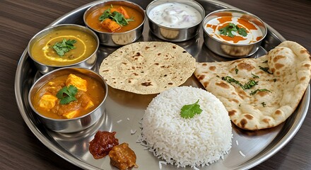 Delicious Indian Thali Platter with Curries, Naan, Rice, and Roti