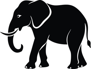 Fototapeta premium Black Silhouette of an African Elephant Walking Isolated on White Background, Minimalist