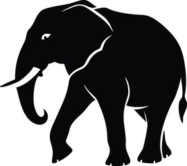 Fototapeta premium Black Silhouette of an Elephant with Tusks, Minimalist Design on White Background