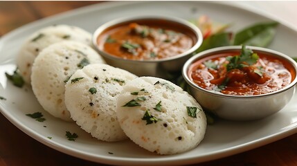 South Indian idli rice cakes sambar and chutney neatly plated on a white tray zoomed out view