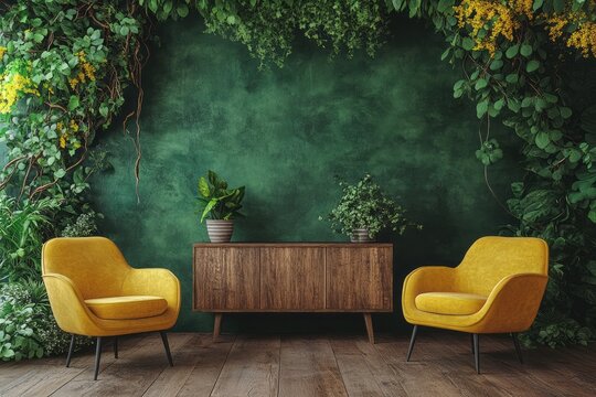 Cozy living room features lush greenery and two yellow chairs