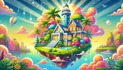 Cheerful Floating Island with Modern Manor