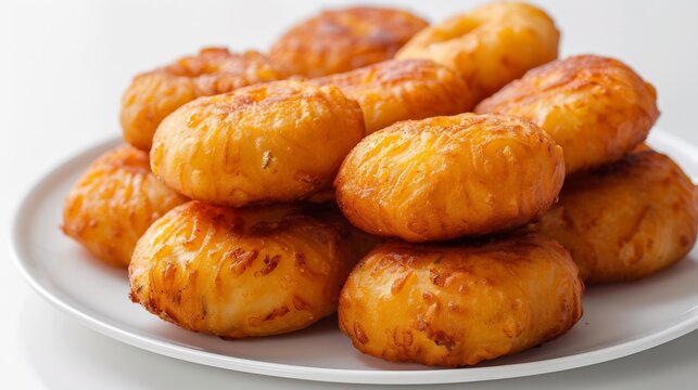 South African vetkoek fried dough filled minced meat sliced and displayed on white background