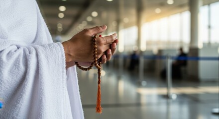 A Person in Ihram Garments Holding Prayer Beads at Airport Terminal