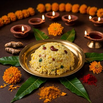 Pulihora on plate in traditional atmosphere, ugadi theme