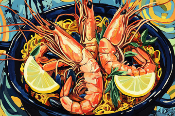  a traditional Spanish paella in a rustic black paella pan, featuring saffron-infused rice,