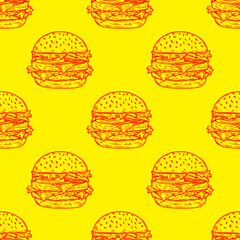 doodle burger pattern background. doodle fast food burger seamless pattern background. seamless pattern of burger in doodle style. Seamless Pattern of a Cheese Burger or Hamburger. hamburger pattern.