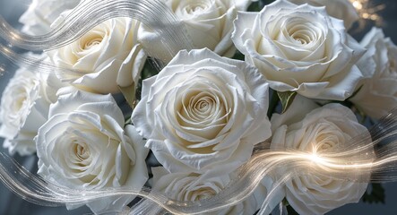 Obraz premium Elegant white roses with shimmering silver abstract light streaks