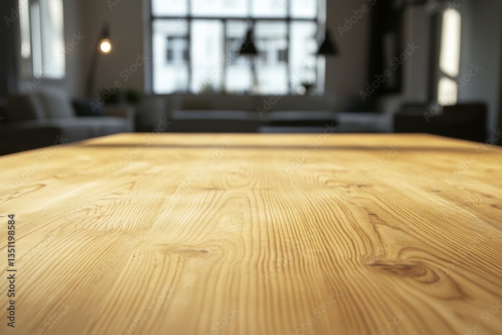 Aufkleber an empty wooden table sits in a cozy living room with soft lighting, offering a clean mock-up area f