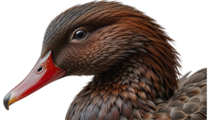 Close up profile of a brown duck with a red beak against a black background looking at the camera