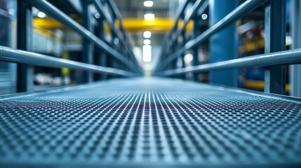 Elevated walkway in industrial facility; metallic grating floor, railings, perspective view.