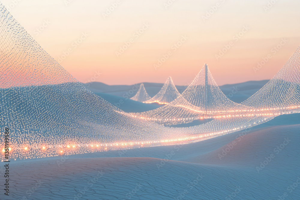 Poster illuminated network structures traverse a serene desert landscape at sunset.