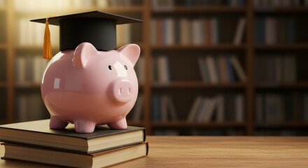 A pink piggy bank wearing a graduation cap sits on top of stacked books in a library, symbolizing education savings, financial planning, and student investment for the future.