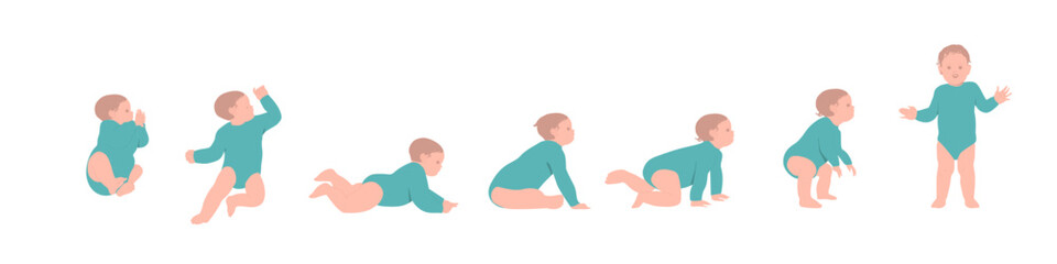 Set of baby growth process, newborn, toddler development. Early childhood, child evolution progress, sitting, crawling, growing up boy in flat cartoon vector illustration isolated on white background