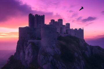 Obraz premium A large ancient castle is silhouetted against a colorful sunset sky
