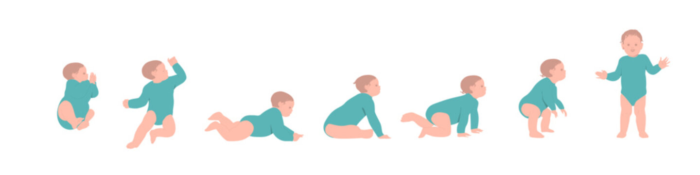Set of baby growth process, newborn, toddler development. Early childhood, child evolution progress, sitting, crawling, growing up boy in flat cartoon vector illustration isolated on white background