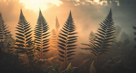 Naklejka premium Golden Hour Fern Silhouettes with Dreamy Abstract Haze