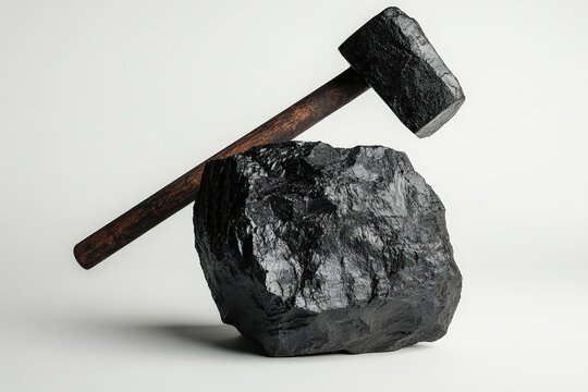 A black hammer is positioned next to a large coal piece