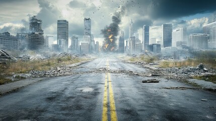 Devastated Urban Landscape Featuring Crumbling Buildings and a Damaged Road