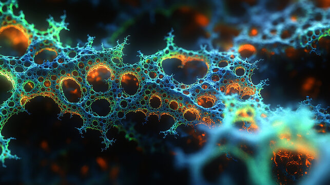 An otherworldly network of glowing blue and green threads sparkles, resembling neurons or a galactic web. - Powered by Adobe