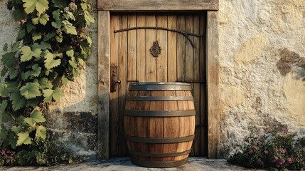 A single wooden barrel styled beside a rustic farmhouse entrance. background