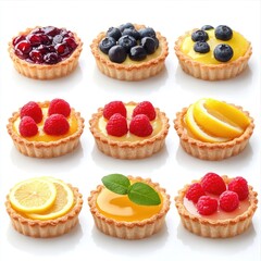 Assorted fruit tarts with lemon filling isolated on a white background --v 6.1 Job ID: f46503f6-fc71-420a-9da0-955d574220b6