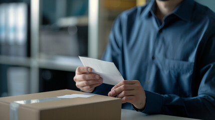 Distressed man sitting at desk holding letter symbolizing layoff notice, reflecting emotional response to job loss in professional office setting.