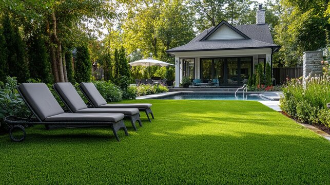 A well-manicured lawn at a cottage with sunbeds and a pool in the background pic