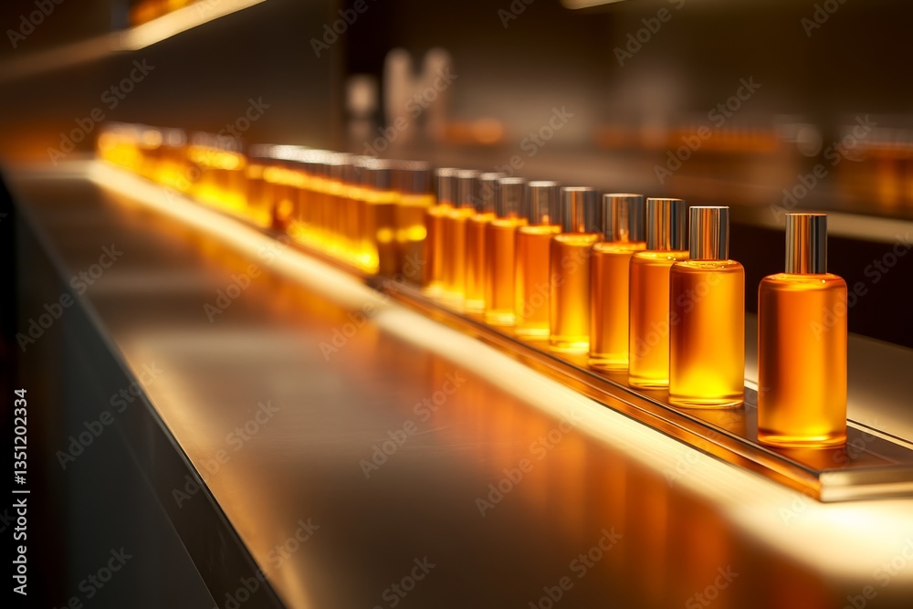 Aufkleber Sleek display stand features a new line of products with elegant bottles under soft lighting, creating a refined atmosphere in a modern retail environment