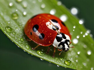 Obraz premium Close-up ladybug on a blade of grass with water drop in the rainy season.