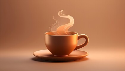 Obraz premium Сlose-up of a Steaming Coffee Cup Illustration, A Cup of Coffee Icon with Steam Rising from the Top, 3D Render Isolated on a Light Brown Pastel Background. Copy Space.
