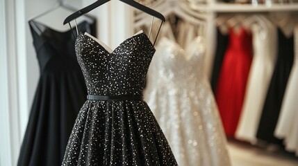 Black sparkly dress hanging in a boutique among other dresses.