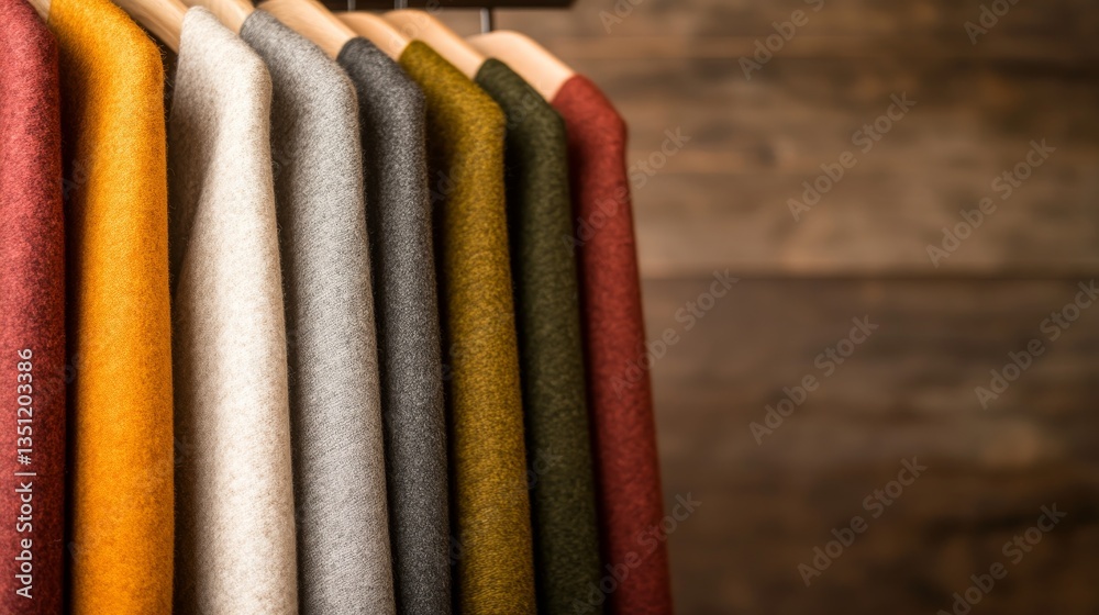Aufkleber a neat row of winter coats in various vibrant colors is displayed on a wooden rack, illuminated by w
