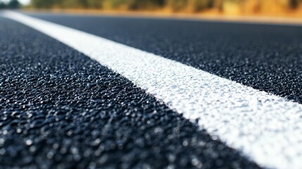 Close-up of a newly paved road with a crisp white line, showing texture and depth.