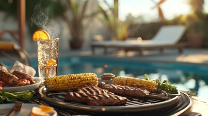 A cozy Labor Day barbecue with grilled meats, corn on the cob, and a cool drink by the pool pic