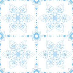 This seamless light blue pattern features Thai-inspired floral ornaments, perfect for tiles, wallpapers, textiles, and backgrounds. Its delicate symmetry adds elegance and tradition. (EPS.)