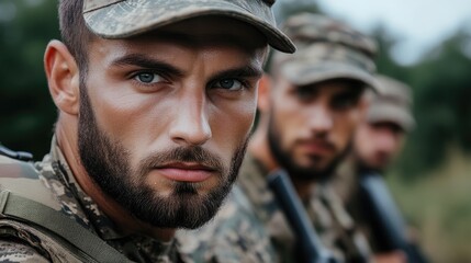 Obraz premium Focused soldiers in camouflage
