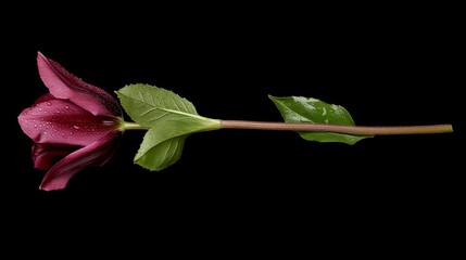 Obraz premium A single pink tulip displays delicate dew drops on its petals, while its blurred stem and leaves draw attention to the flower's vibrant beauty in spring