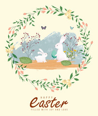 Happy Easter Day Design with Cute Bunny Vector Illustration. Egg Hunt Party Concept. Suitable for Poster Banner Flyer and Brochure Template	